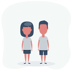 Boy and girl in T-shirt and shorts icon on background. Shades of gray.