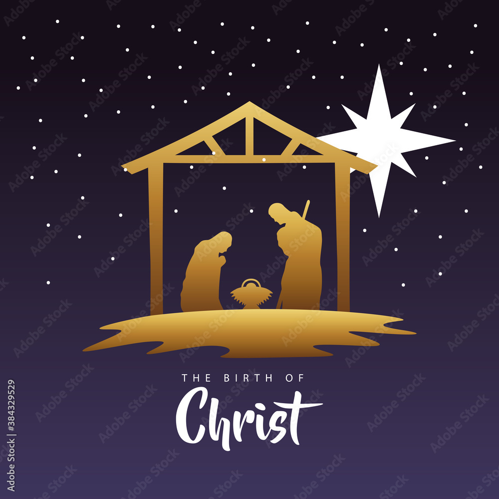 Canvas Prints happy merry christmas manger scene with golden holy family in stable silhouette