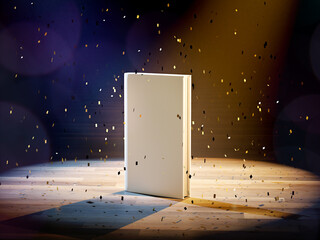 blank cover book with flare light and confetti