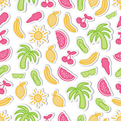 Colorful summer seamless pattern with tropical fruits and summer object, summer icon, Fashion print design, vector illustration