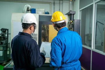 Industrial factory employee working and checking near electric meters panel of a control room in industry factory.