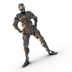 Humanoider Roboter steht breitbeinig