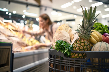 Closeup of shopping cart at supermarket full of food, fruit and vegetables while in background woman taking product off the shelves.