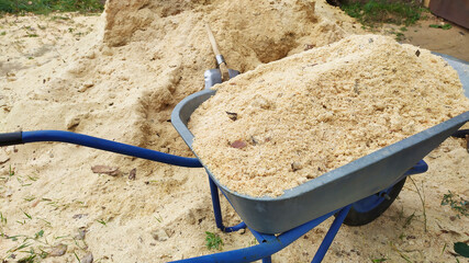 Garden cart with sawdust of coniferous breeds of trees. Cleaning of the garden plot. A pile of...