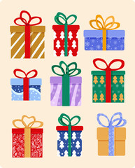 A set of different gift boxes. Christmas collection. Vector illustration