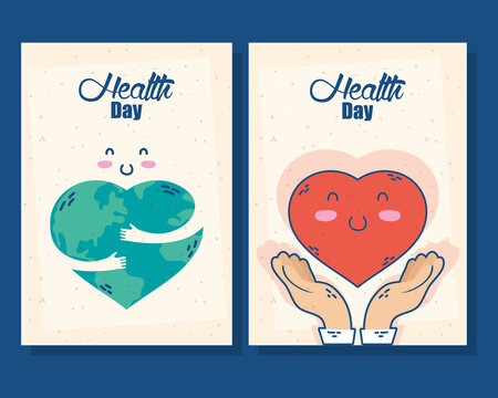 International Healt Day Poster With Earth Planet And Heart