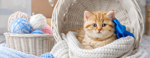 Cute kitten with a bow in a basket with balls of yarn © Alexandr Vasilyev
