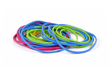 Round household elastic rubber bands in different colors and sizes isolated on white background