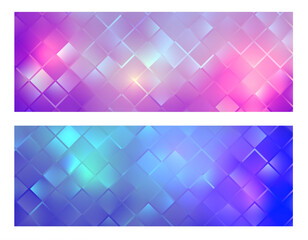Mosaic banners 3d, purple blue glittering square pattern vector design.