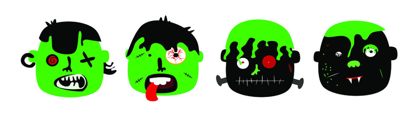 Scary zombie and vampire faces. Cartoon vector.