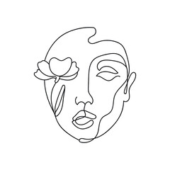 Woman face with  flower in one line style. Single continuous line drawing. Nature cosmetics. Flower icon. Minimalist print.One Line Black White Drawing. Vector illustration