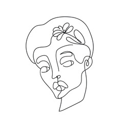 Woman face with flower in one line style. Single continuous line drawing. Nature cosmetics. face icon.Minimalist print.One Line Black White Drawing.illustration face girl drawn continuous line drawing
