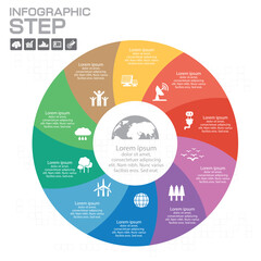 Ten sided, numbered flat rainbow spectrum colored puzzle presentation infographic chart with explanatory text field isolated on white background. Vector graphic template.