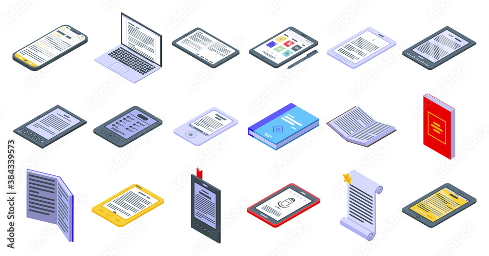 Poster e-book application icons set. isometric set of e-book application vector icons for web design isolat