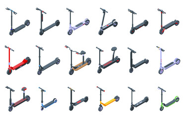 Electric scooter icons set. Isometric set of electric scooter vector icons for web design isolated on white background