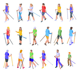 Nordic walking icons set. Isometric set of nordic walking vector icons for web design isolated on white background