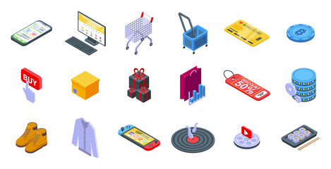 Online shopping icons set. Isometric set of online shopping vector icons for web design isolated on white background