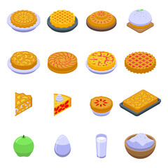Apple pie icons set. Isometric set of apple pie vector icons for web design isolated on white background