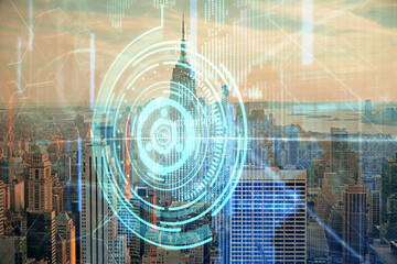 Data theme hologram drawing on city view with skyscrapers background double exposure. Technology concept.
