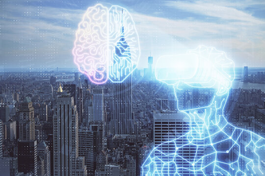 Double exposure of AR people drawing and cityscape background. Concept of augmented reality.