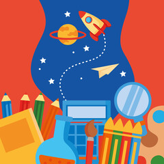 rocket and space with school supplies elements