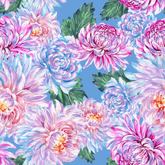 Fototapeta na wymiar Floral seamless pattern with watercolor style chrysanthemum peonies flower blooming garden flowers foliage leaf Background