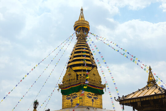 Swayambunath or Monkey Temple, Central Stupa and Buddha eyes, Unesco World Heritage Site, Kathmandu, Nepal, Asia