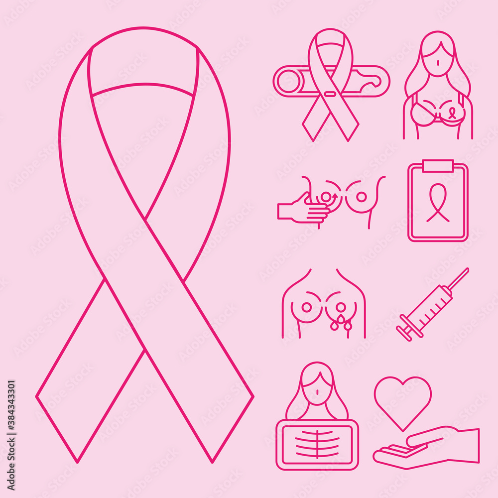 Sticker breast cancer line style set of icons vector design