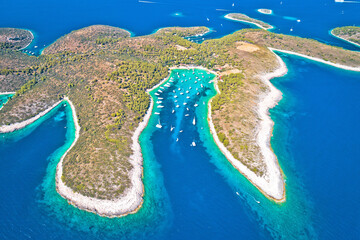 Aerial panoramic view of Palmizana, sailing cove and turquoise beach on Pakleni Otoci islands