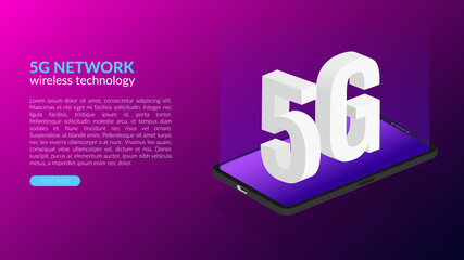 Web banner concept, new fifth generation network technologies, 5G mobile wireless communication. Vector isometric illustration of a smartphone with letters on it. Place for text, button. Copyspace.