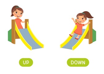 Opposites concept, UP and DOWN. Word card for language learning. Little girl climbs up a children's slide, rides down.  Flashcard with antonyms for children vector template. Flat illustration 