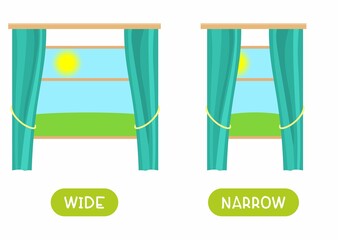 Antonyms concept, WIDE and NARROW. Educational flash card with curtained windows of different widths template. Word card for english language learning with opposites. Flat vector illustration 