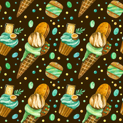 Ice cream, macaroons,  cupcakes and candy hand drawn seamless pattern. Summer desserts texture on dark background. Creative wallpaper, wrapping paper, textile design, scrapbooking, digital paper.