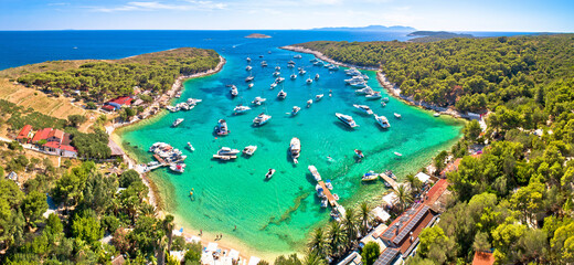 Aerial panoramic view of Palmizana, summer leisure sailing cove and turquoise beach on Pakleni Otoci islands