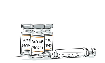Coronavirus vaccine vials medicine bottles syringe vector drawing. Hand drawn ampoules for injection to fight against coronavirus. Vaccination, immunization, treatment 2019-ncov Covid-19