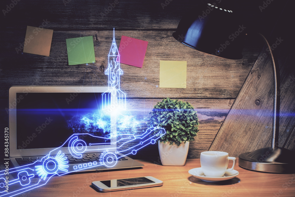 Poster Desktop computer background in office and start up theme hologram drawing. Double exposure. Startup concept.