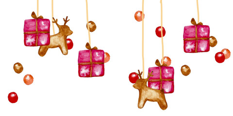 Winter watercolor illustration. Christmas toys isolated on white background. Multicolored garland, deer and gifts. Great for New Year cards, banners, headers, party posters.