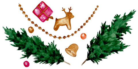 Winter watercolor set. Christmas tree branches and toys isolated on white background. Colored bells, beads, garland, deer, gifts. Great for New Year cards, banners, headers, party posters.