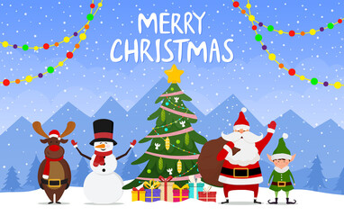 Christmas and Happy New Year vectorillustration. Festive winter background. Christmas cartoon characters for holiday Xmas and New Year.