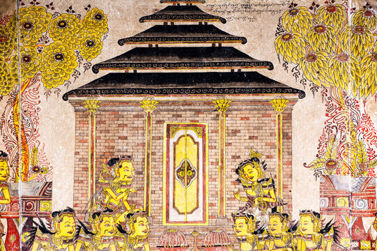 Traditional Kamasan paintings, Kertha Gosa pavilion (former Hall of Justice) in Puri Semarapura Palace, Klungkung, Bali, Indonesia