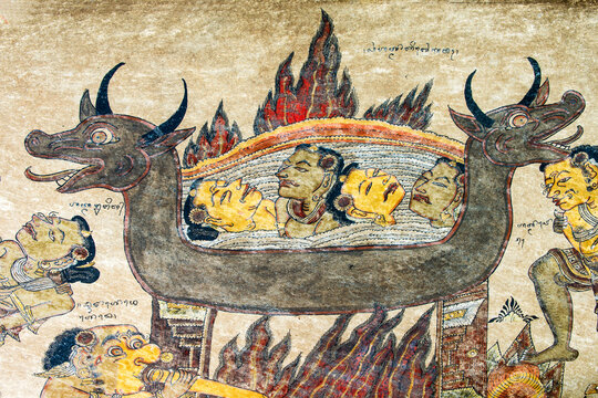 Traditional Kamasan paintings, Kertha Gosa pavilion (former Hall of Justice) in Puri Semarapura Palace, Klungkung, Bali, Indonesia