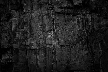 Dark grunge background. Black rock texture. Monochrome stone backdrop. Rough mountain surface. Close-up. Black and white background.