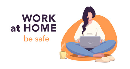 Work at home & be safe. Flst concept. Young woman working at home. Vector illustration