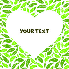 A square card with green leaves and heart-shaped frame in the center. Template for interior design, greetings cards, invitations.