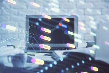 Multi exposure of desktop computer and technology theme hologram. Concept of software development.