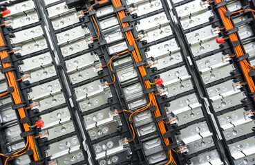 Selective focus of Electric car lithium battery pack and wiring connections internal between cells...