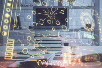 Multi exposure of desktop computer and technology theme hologram. Concept of software development.