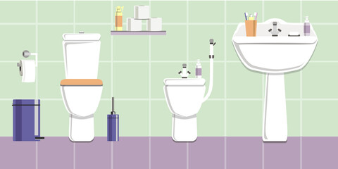 The bathroom in white and lilac tones. Vector image