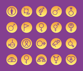 bundle of twenty gender symbols of sexual orientation block style icons