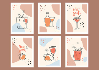 Collection of posters and postcards. New Year. Still life, gift, tangerine. Modern Art. Vector illustration in pastel colors.